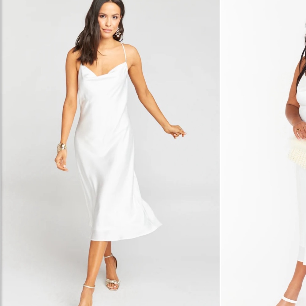 White satin cowl neck midi dress